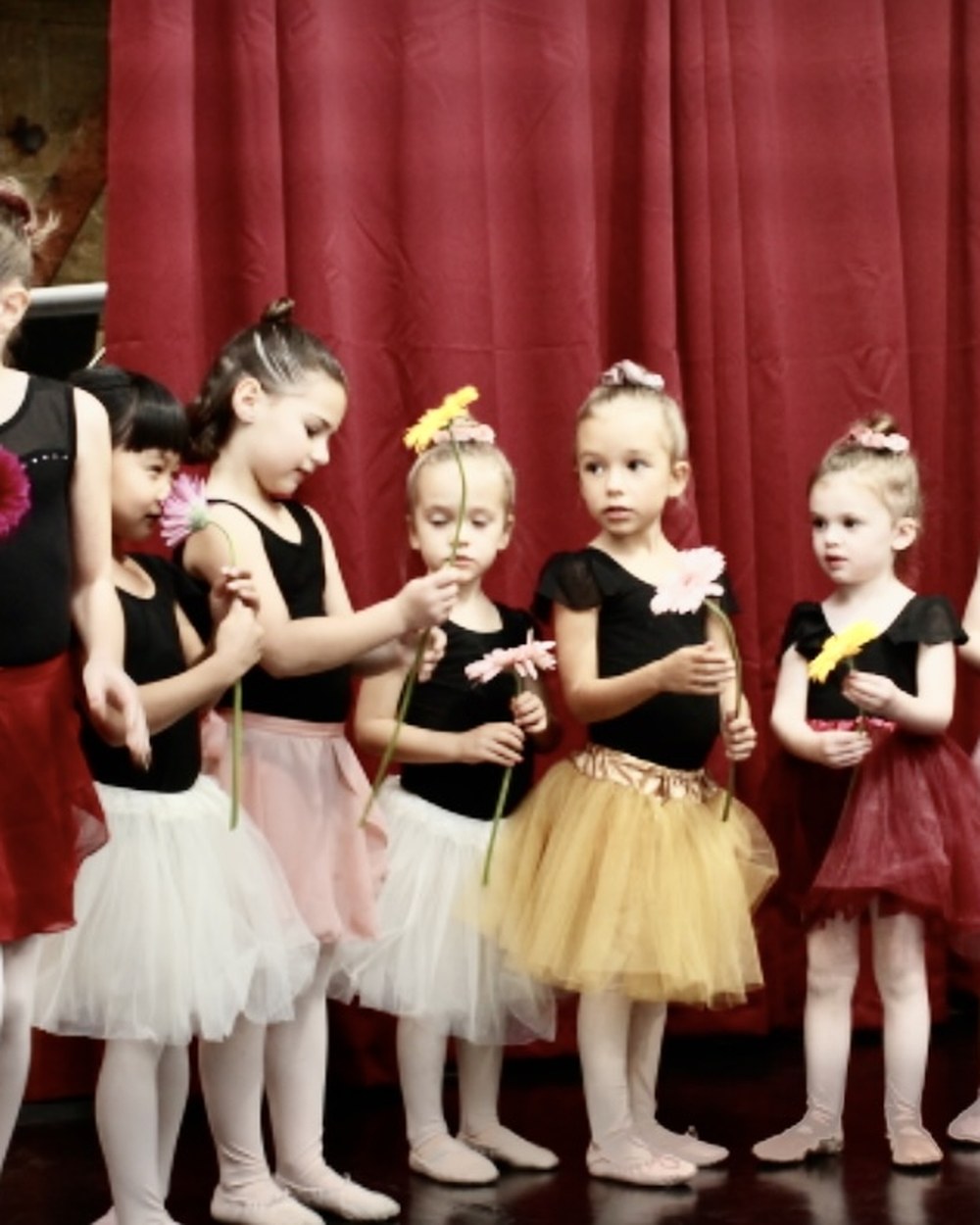 A line of young ballerinas on stage holding flowers before a red curtain